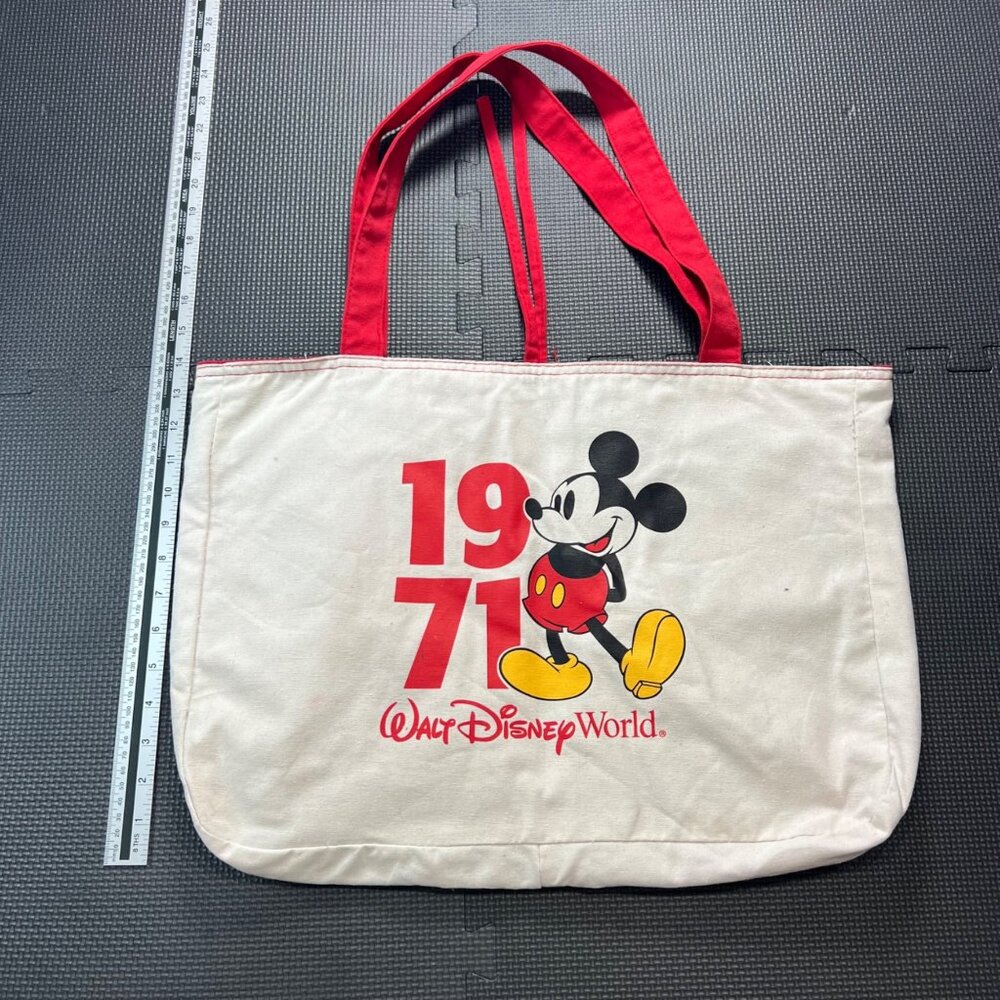 Disney Parks Mickey Mouse 1971 Canvas Tote Bag Double-Sided Red & Cream Reusable - Picture 2 of 5